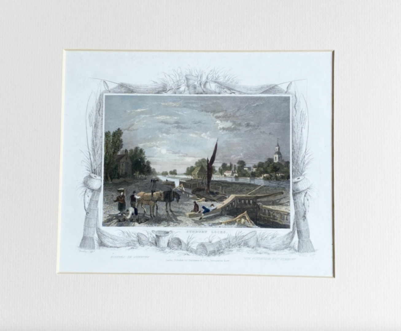 Antiker Kupferstich Sunbury Schleuse von 1830 original