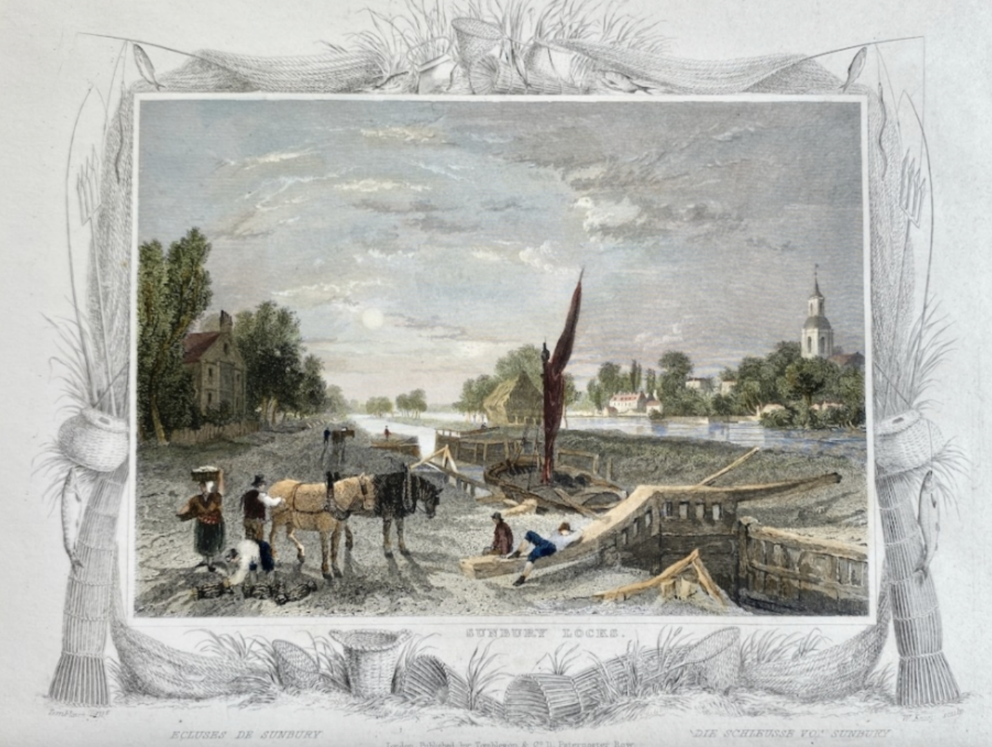 Antiker Kupferstich Sunbury Schleuse von 1830 original
