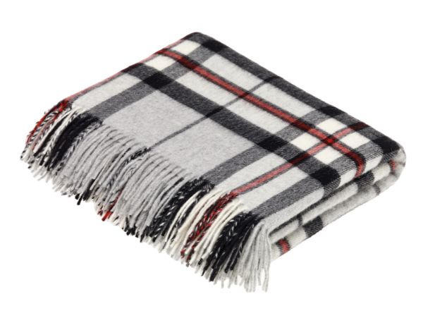 Wolldecke Schottenmuster grau rot kariert Grey Thompson Check aus 100% Wolle ( Merinowolle )