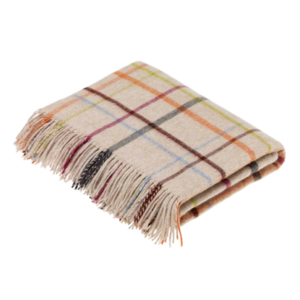 Decke Karo Windowpane Beige bunt aus 100% Wolle ( Reine Wolle )