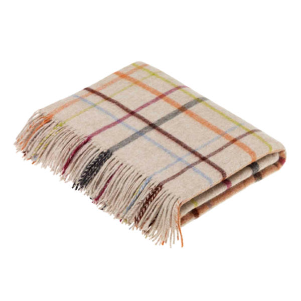 Decke Karo Windowpane Beige bunt aus 100% Wolle ( Reine Wolle )